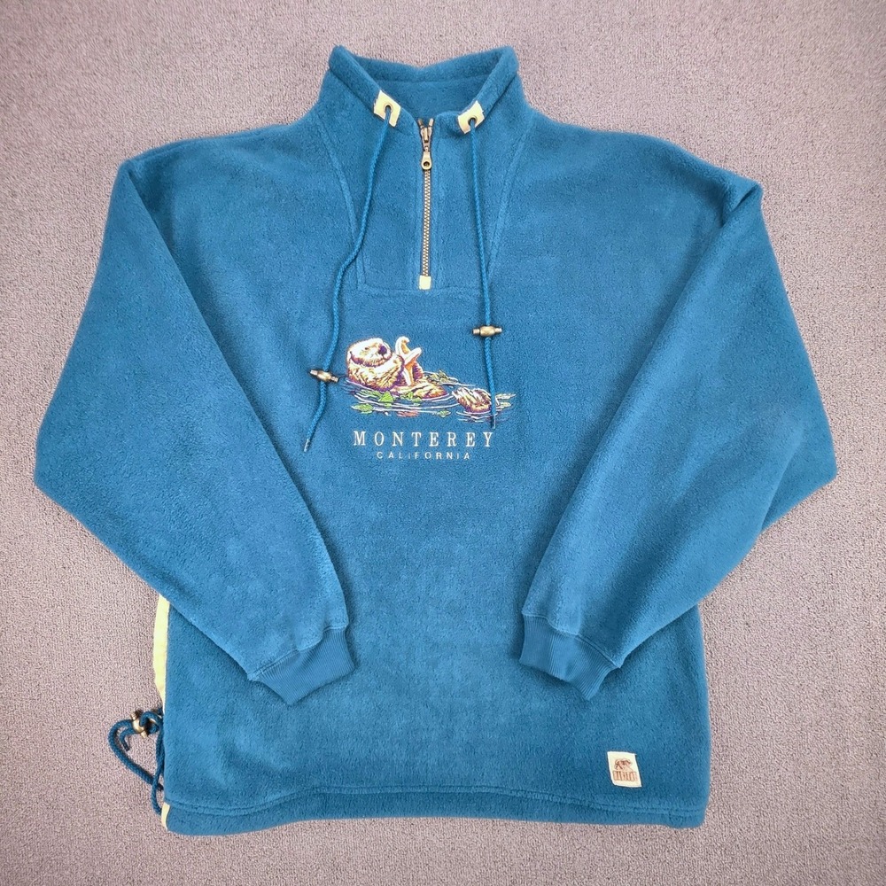 Vintage Habitat Monterey California Sea Otter Fleece Quarter Zip Teal Medium